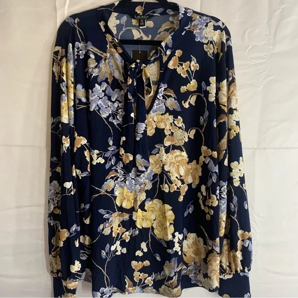 NWT Lauren Ralph Lauren Floral Tie-Neck Stretch Jersey Long Sleeve Plus, Size 2X - Picture 12 of 12